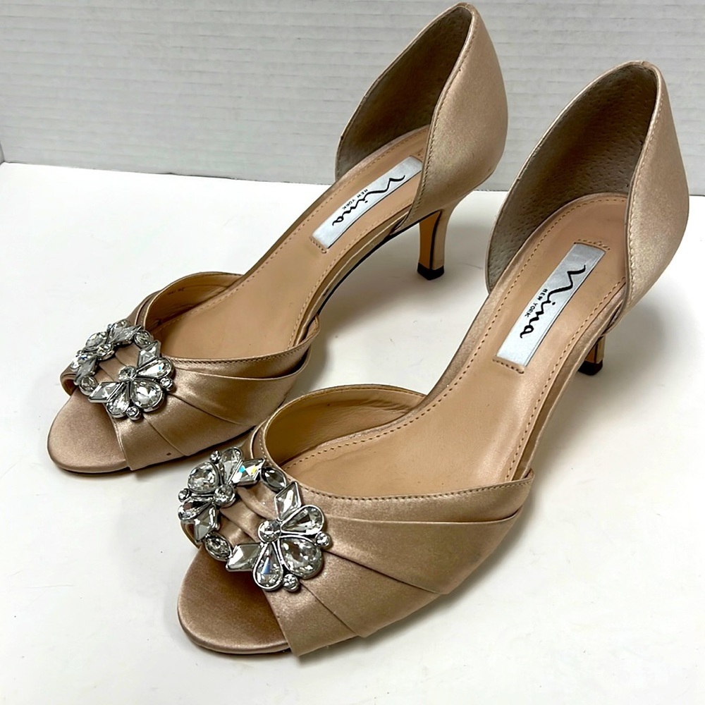 Nina New York Champagne Satin Open Toe Heels with Rhinestone Embellishment